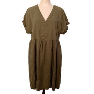 Olive Green V Neck Babydoll Dress Linen Short Slv L Universal Thread Y2K Grunge